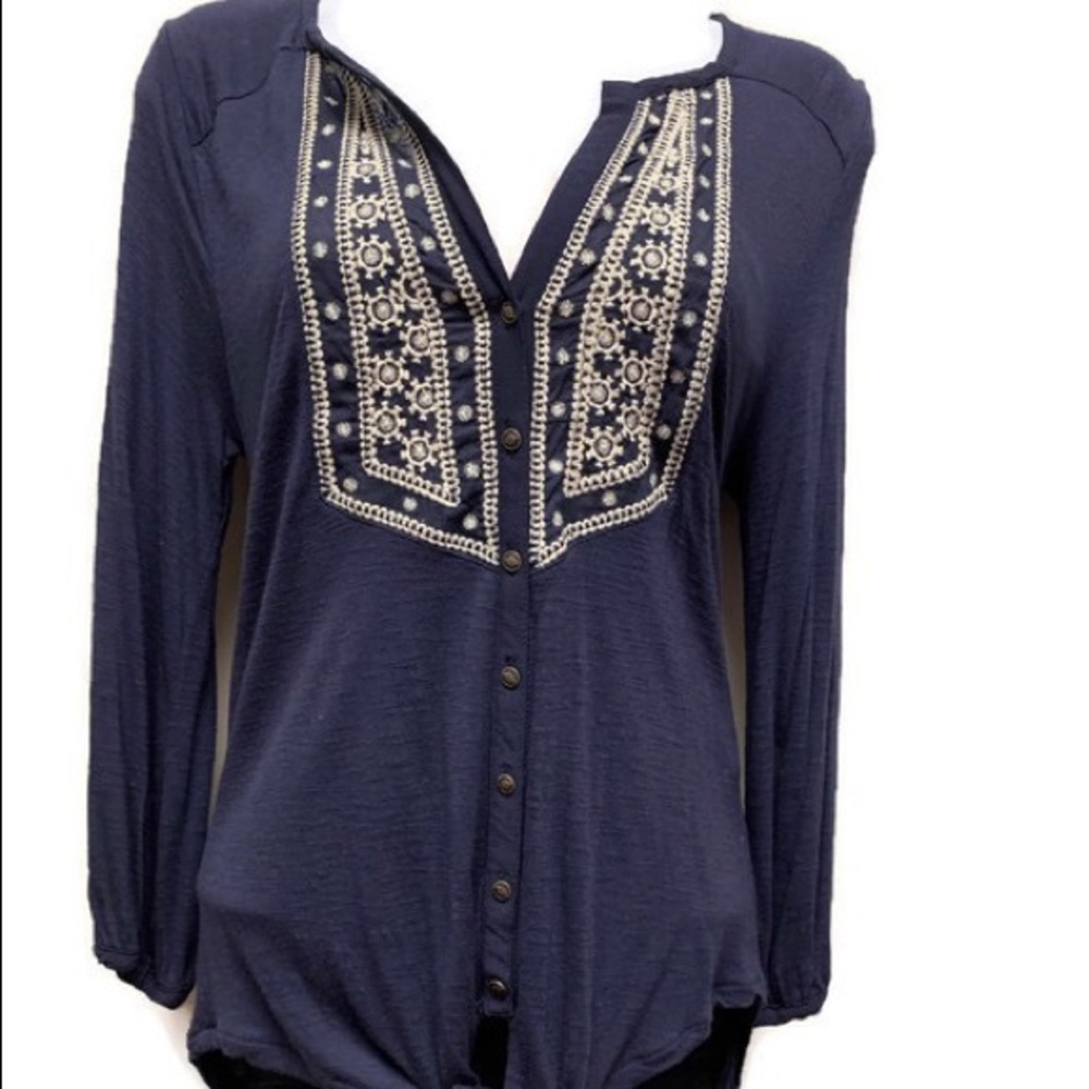 Lucky Brand s Top Navy Blue Tie Front 3/4 Sleeve